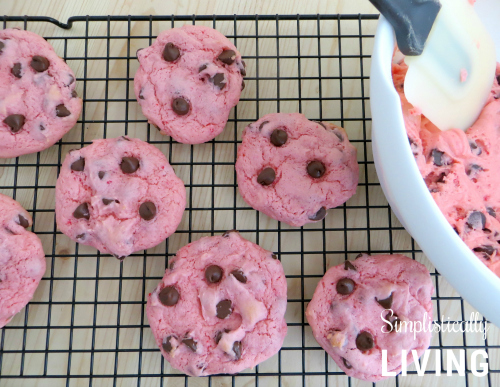 strawberry chocolate chip cookies on wire rack