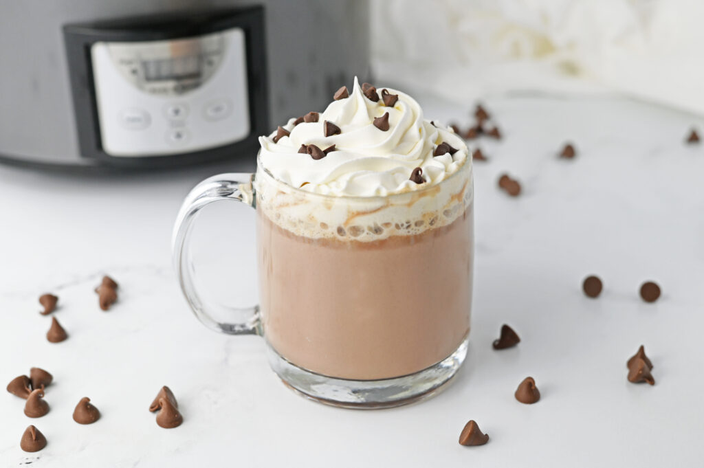 clear mug of slow cooker hot chocolate