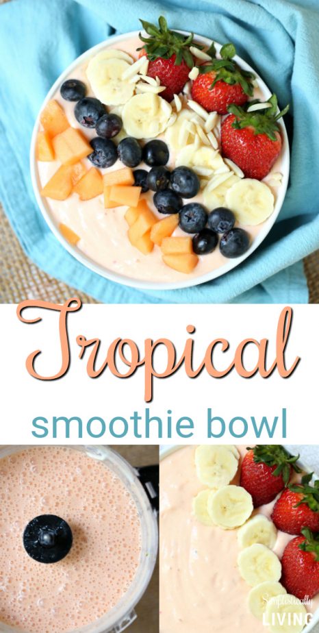 Tropical Smoothie Bowl - a delicious and nutritious way to get in your daily intake of vitamins and probiotics! #smoothie #smoothiebowl #tropical #tropicalsmoothie | simplisticallyliving.com