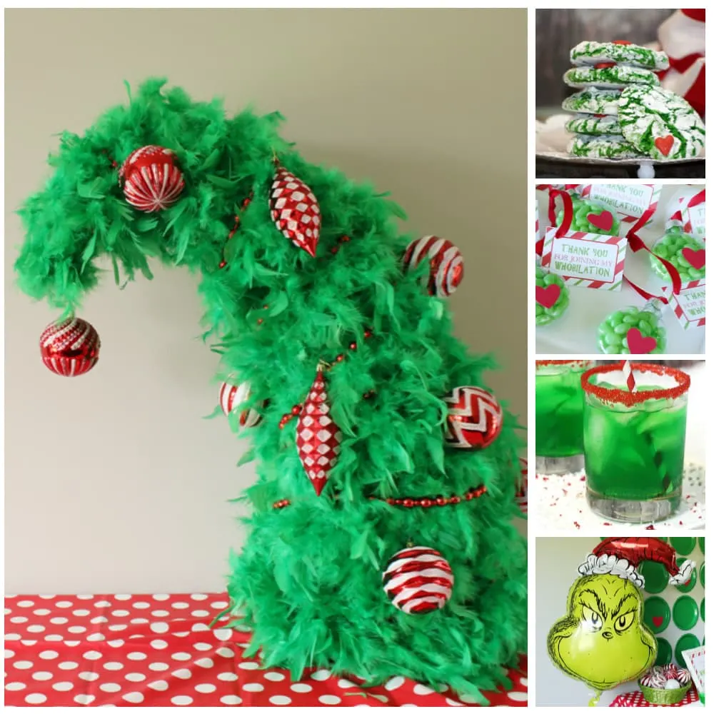 collage showing grinch party ideas