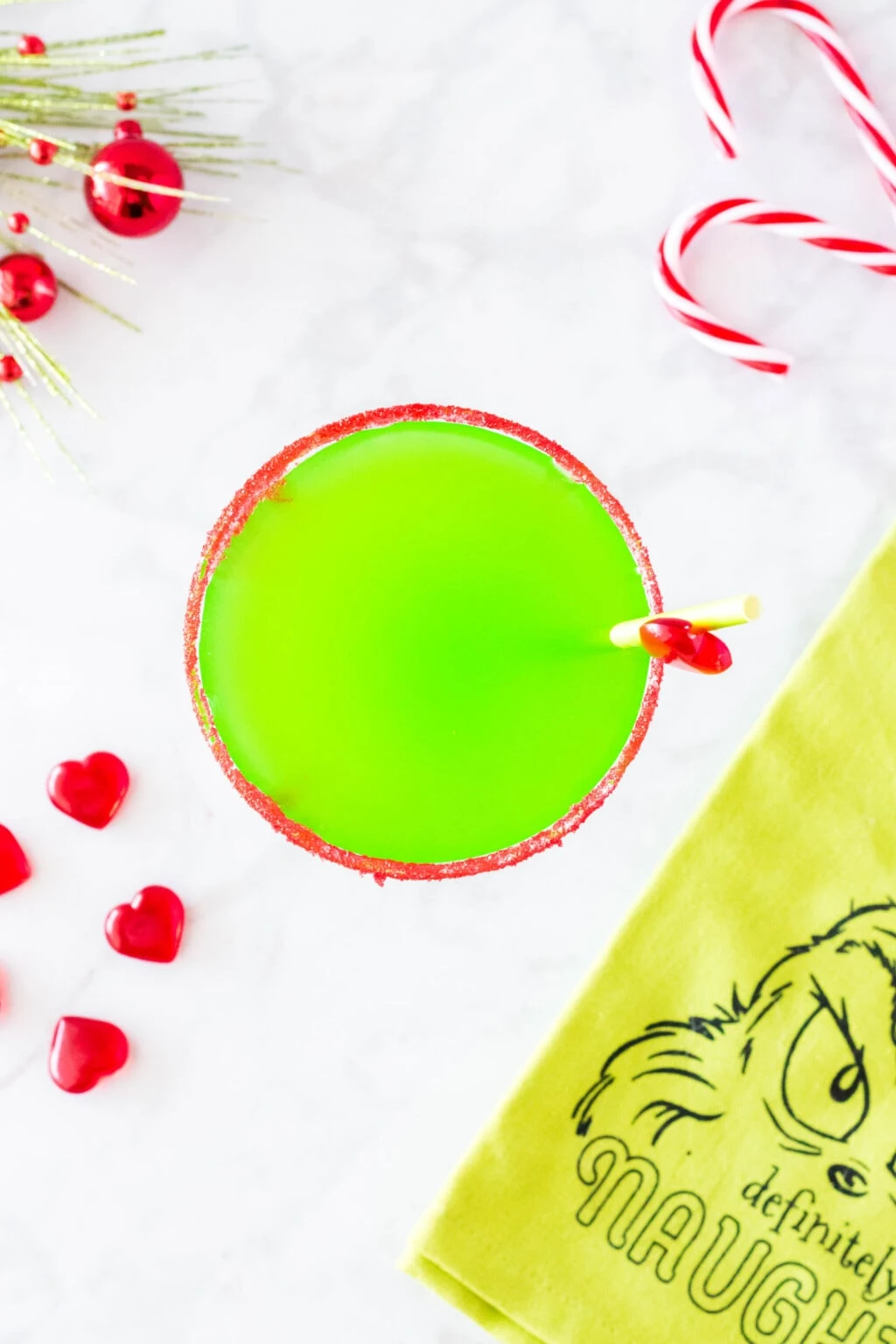 top view of green grinch cocktail in glass