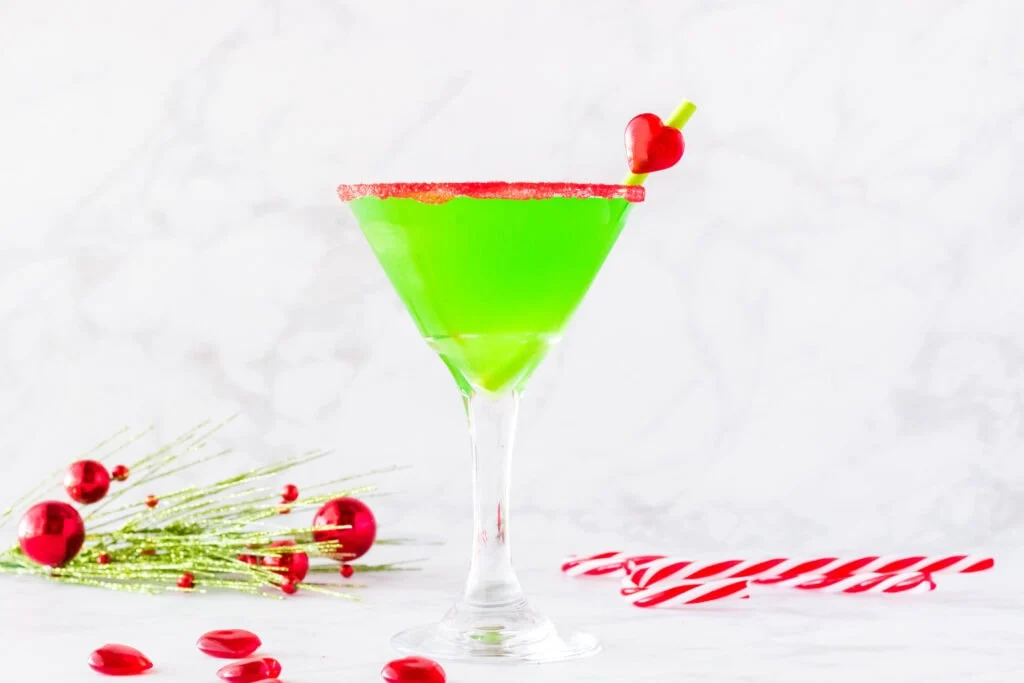grinch cocktail in martini glass