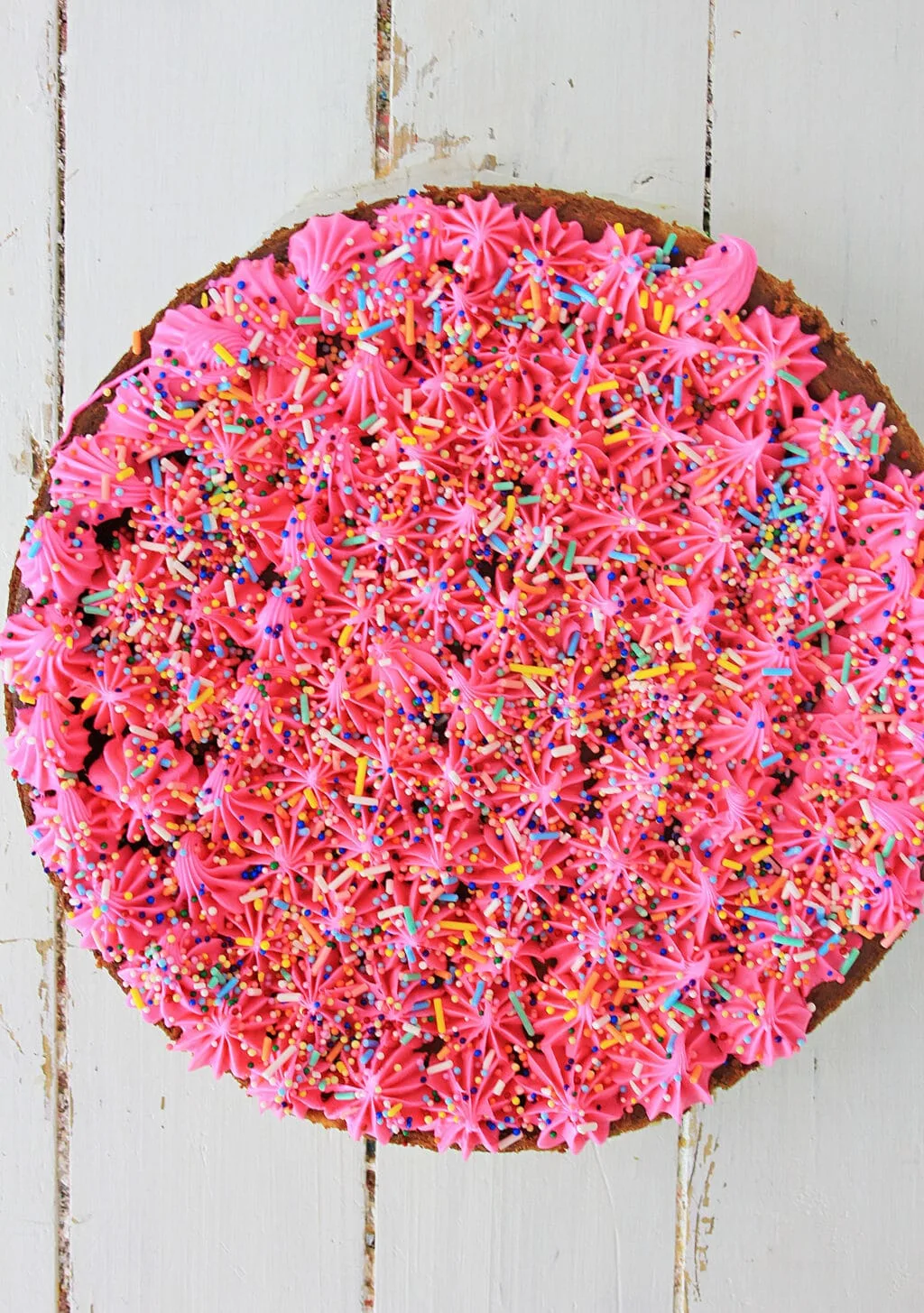 A top view of cheesecake with hot pink frosting and rainbow sprinkles