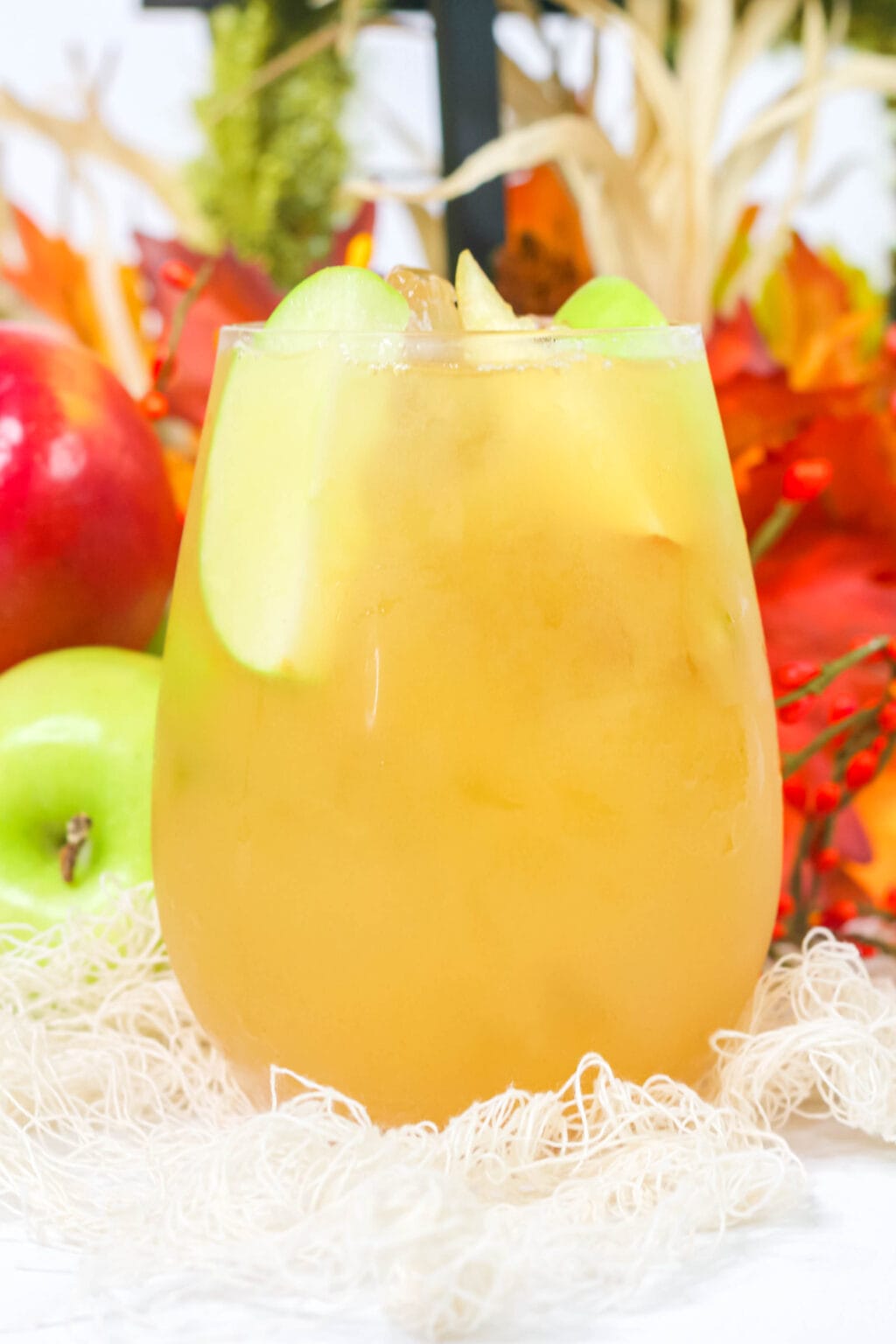 front view of a glass of a fall cocktail with apple slices