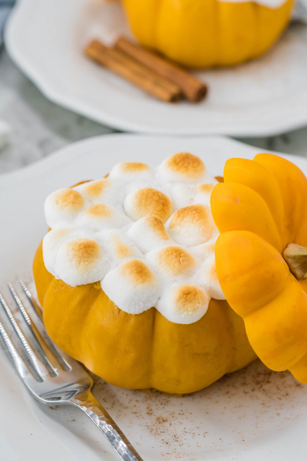 upclose of mini pumpkin with marshmallows on top