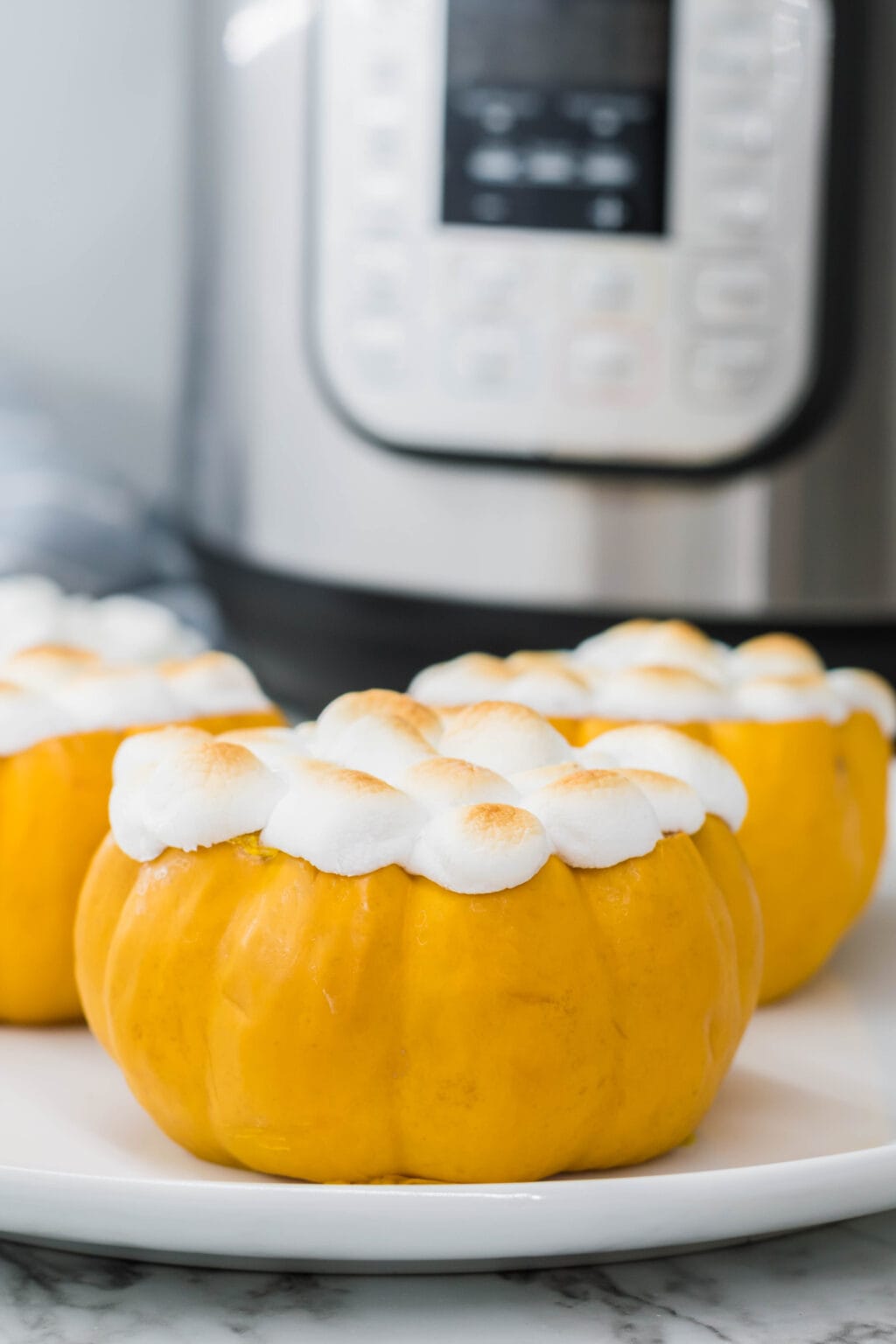 mini pumpkins on plate with instant pot in the back