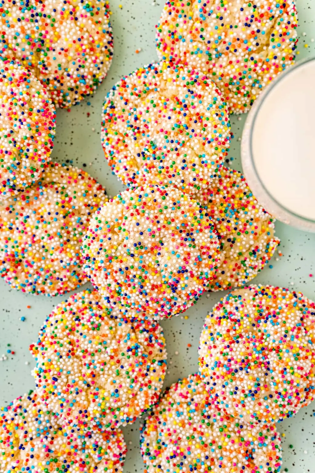 funfetti rainbow sprinkle cookies on cookie sheet