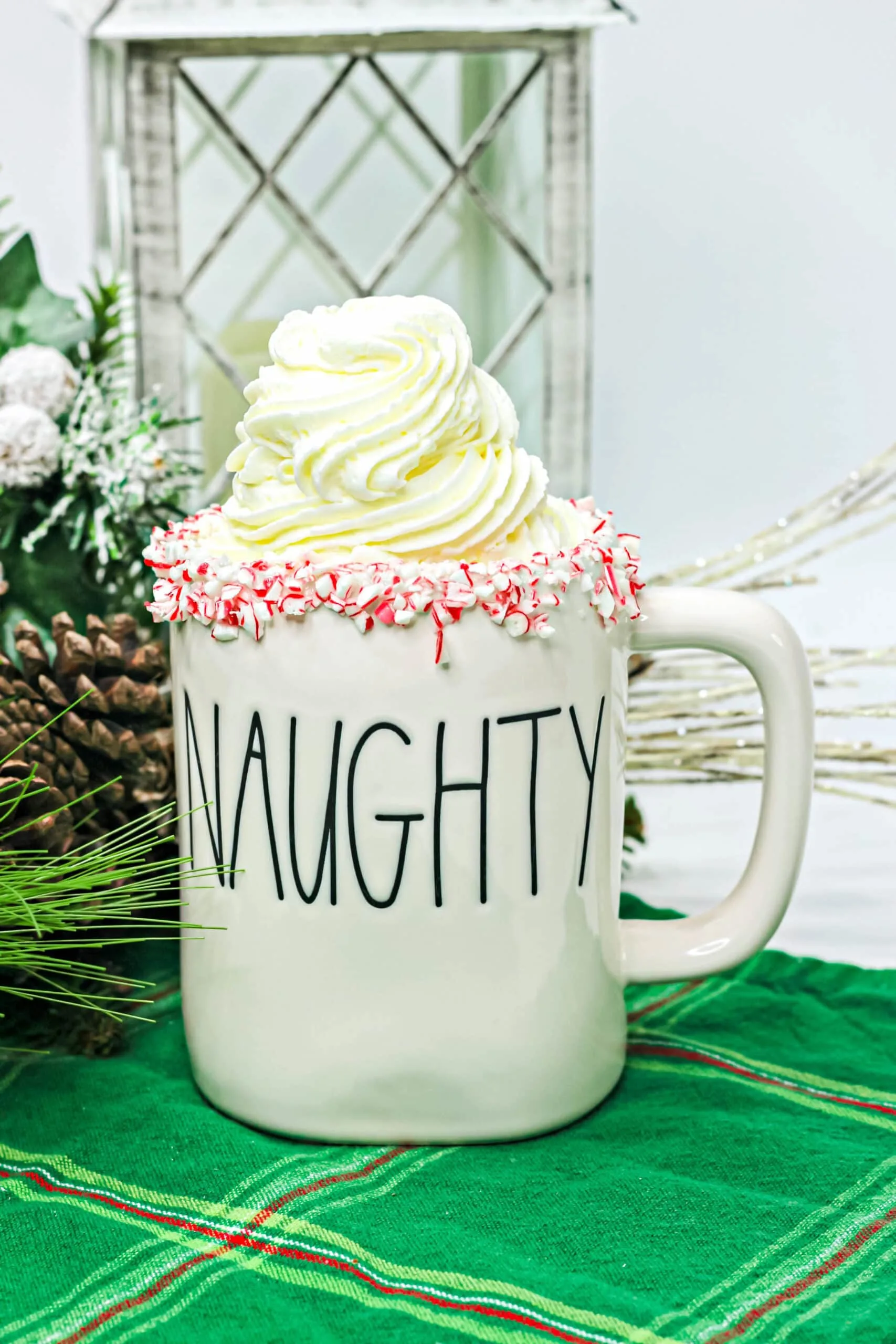 boozy peppermint hot cocoa in a mug with whipped cream