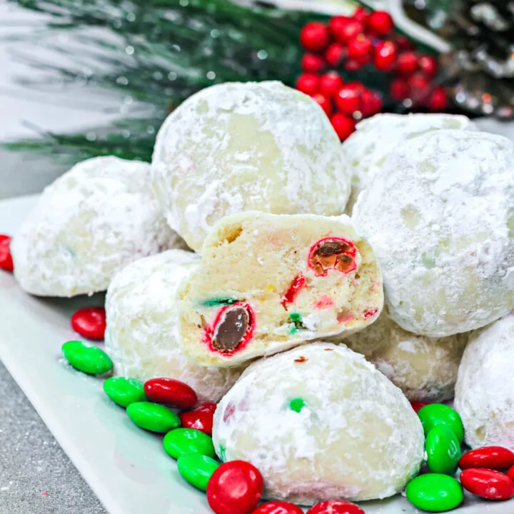 christmas snowball cookies with Christmas m&m's inside