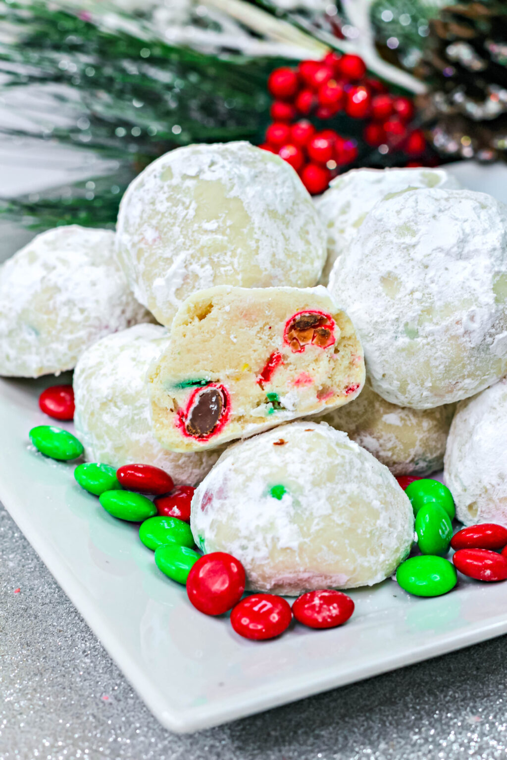 christmas snowball cookies on plate