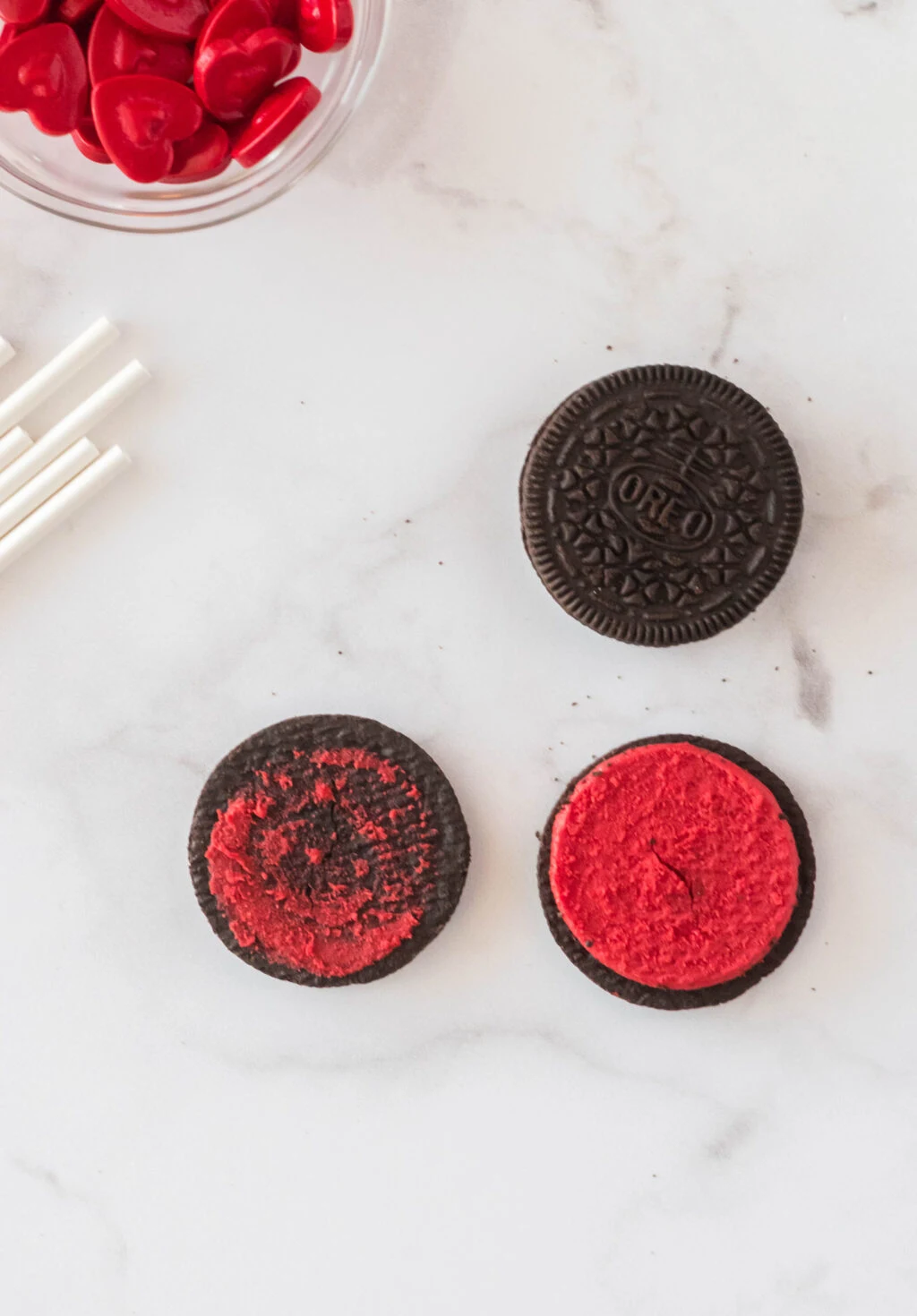 red oreos separated in half