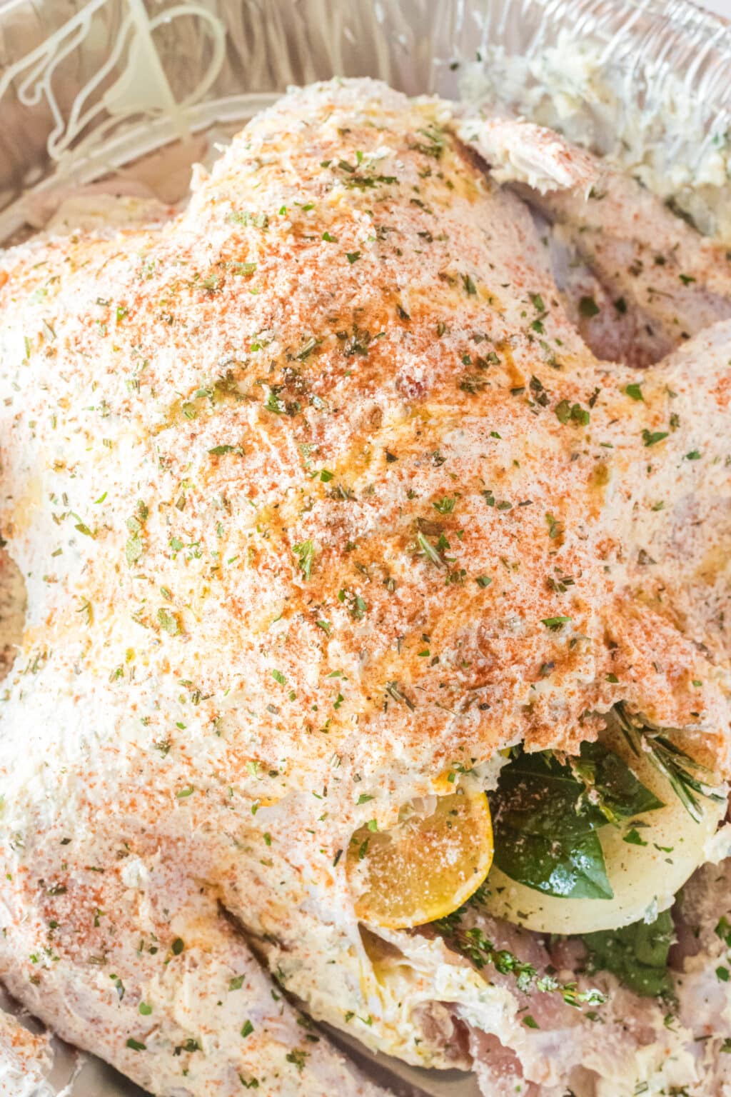 raw turkey covered in herbs, spices and olive oil