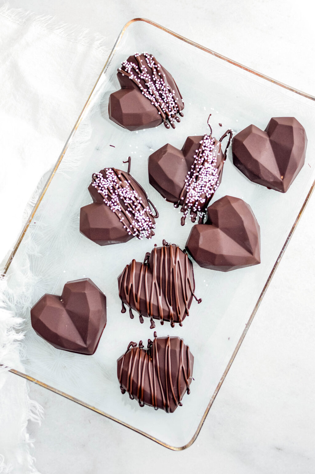 chocolate peanut butter hearts on a serving tray