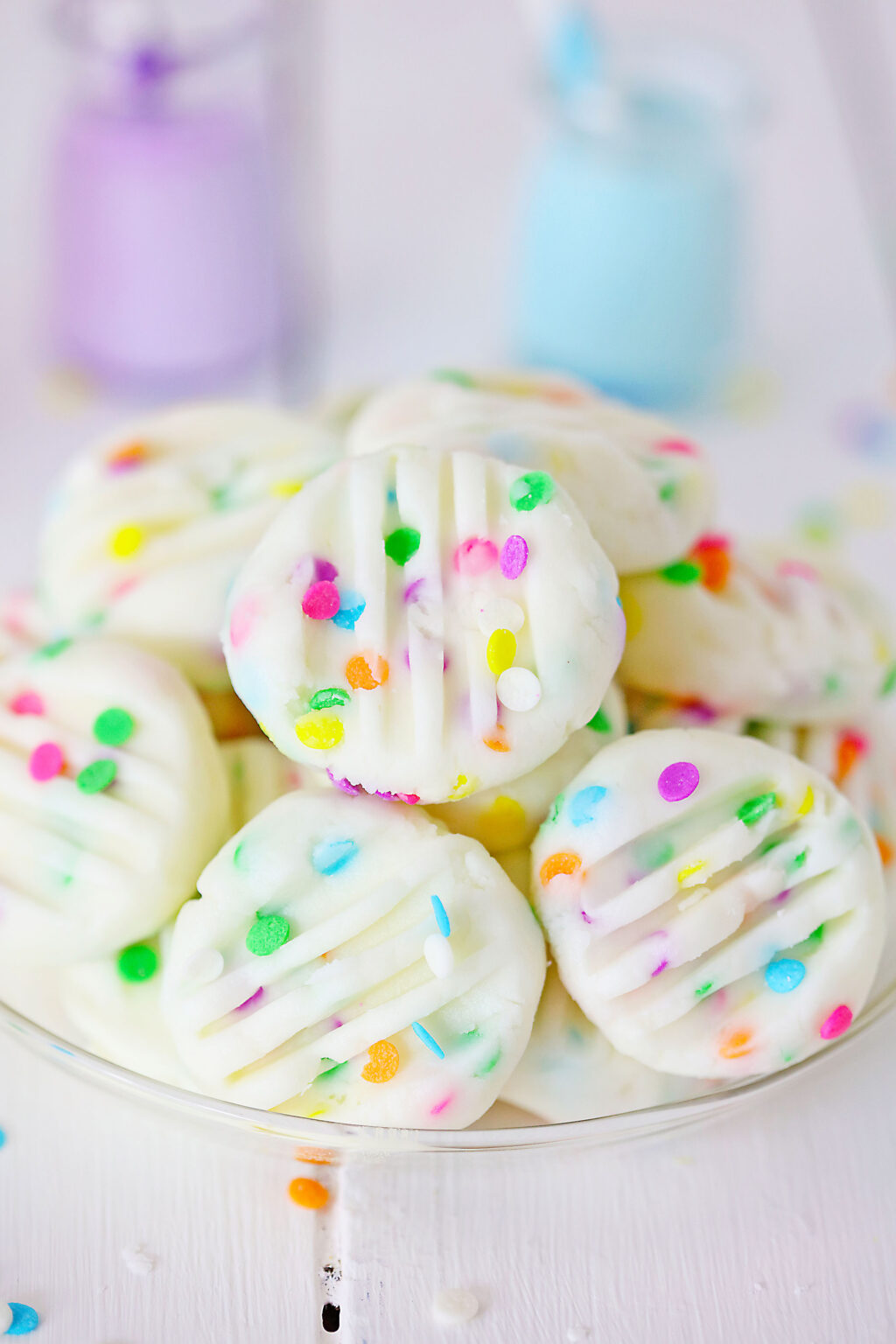 close up of funfetti cream cheese mints on plate