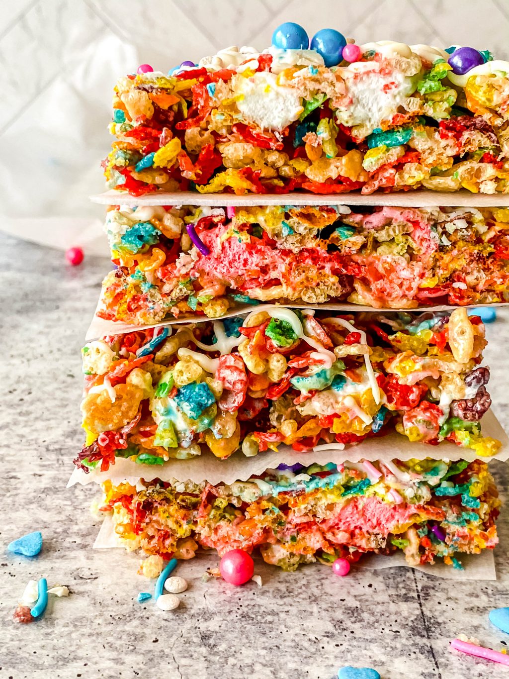 side view of a stack of rainbow rice krispie treats
