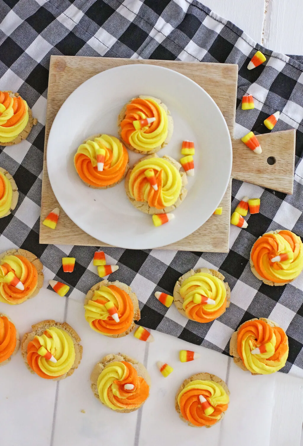 candy corn cookies laid across a table