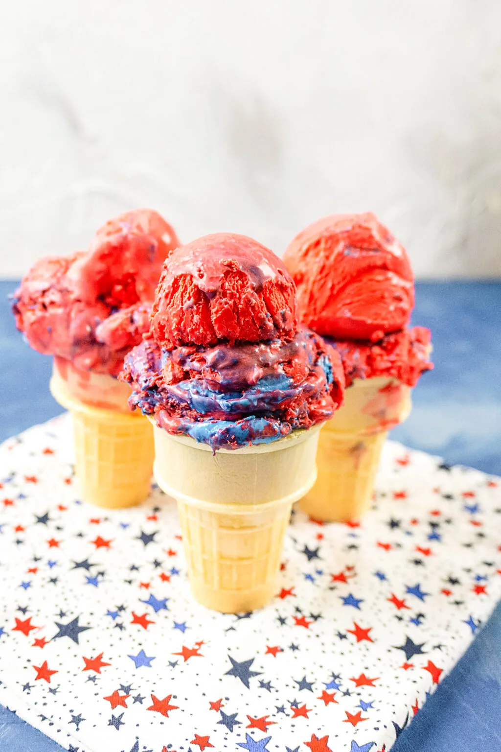 No Churn Red, White and Blue Ice Cream in an ice cream cone
