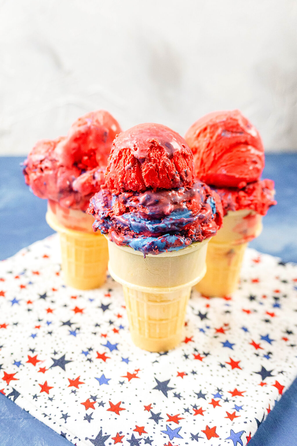 No Churn Red, White and Blue Ice Cream in an ice cream cone