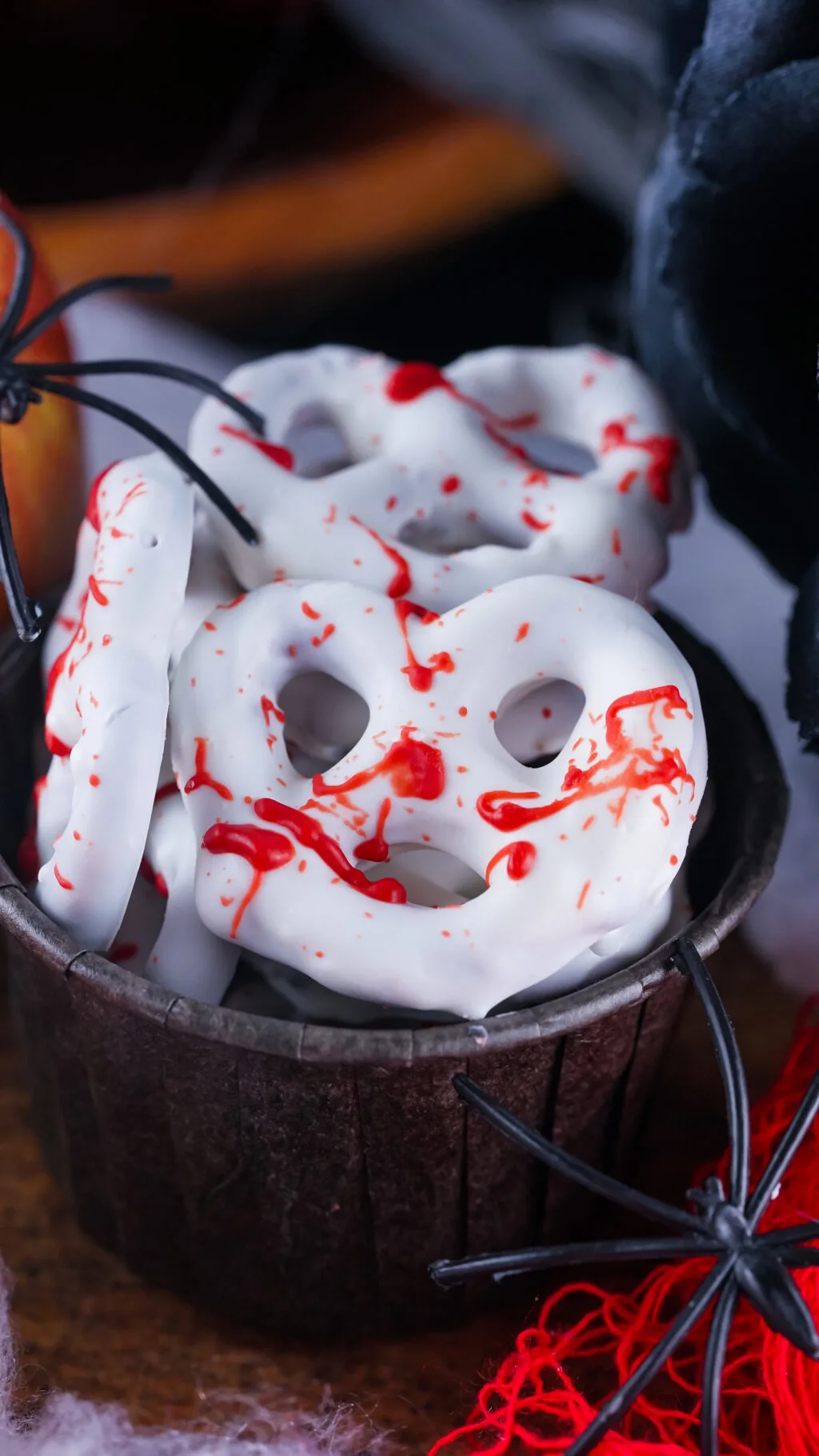 container of bloody pretzels for halloween