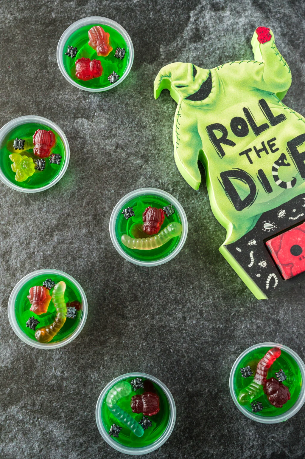 oogie boogie jello shots on a black table
