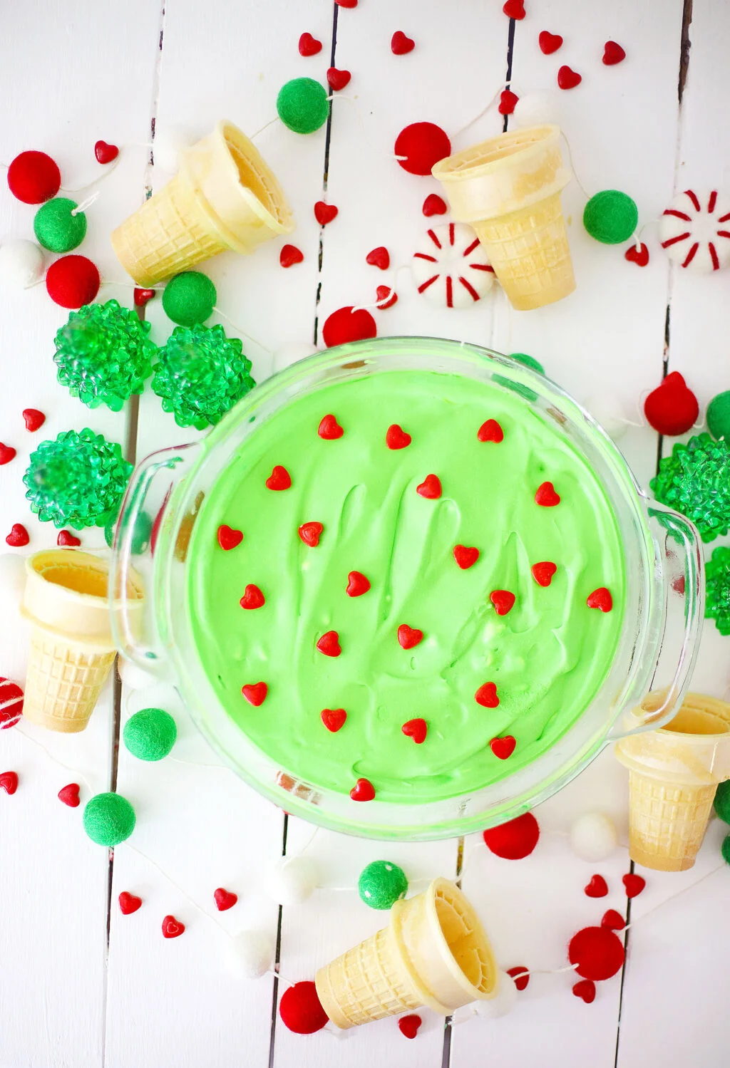 grinch ice cream in a large glass bowl