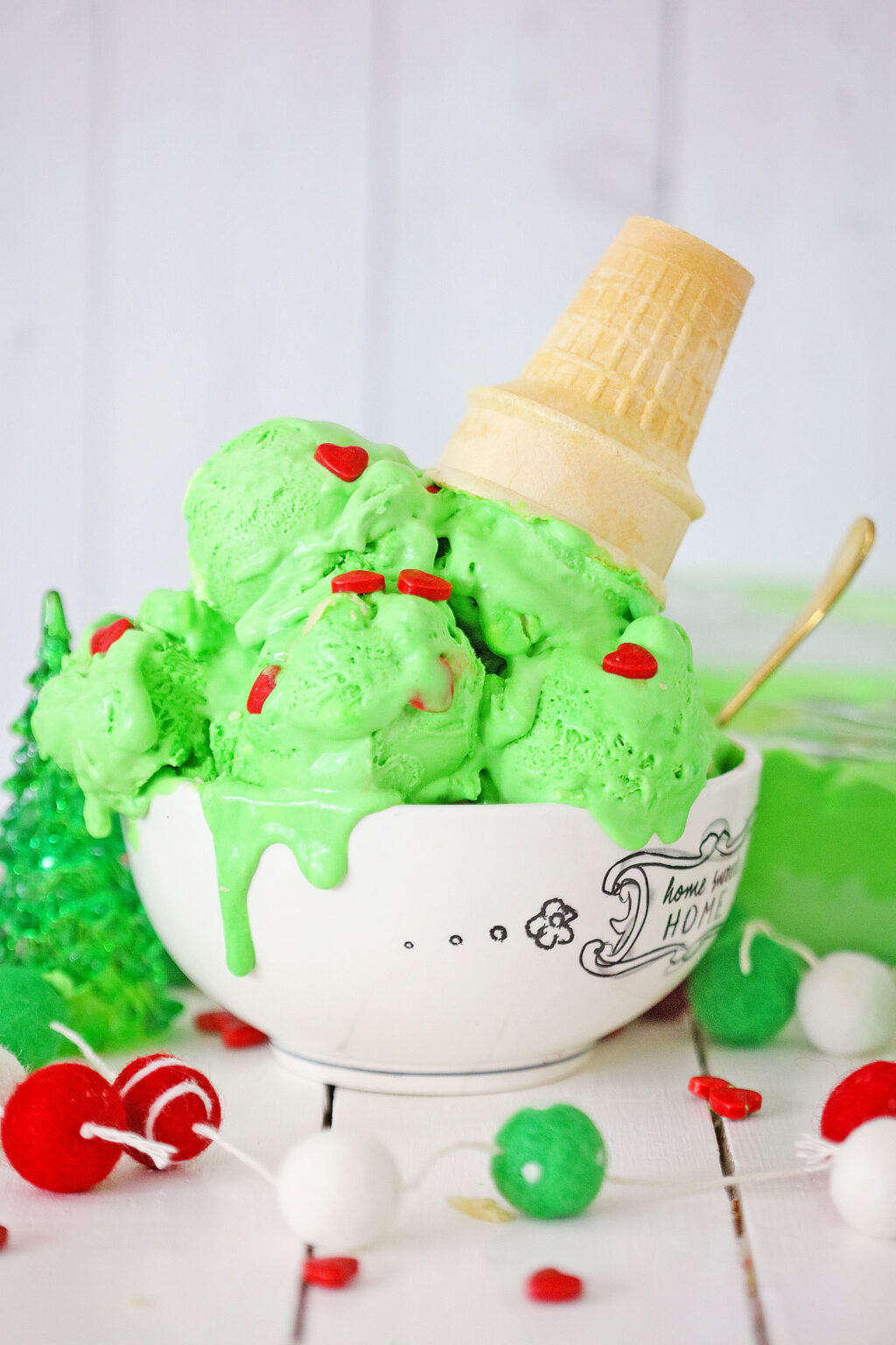 grinch ice cream in a white bowl