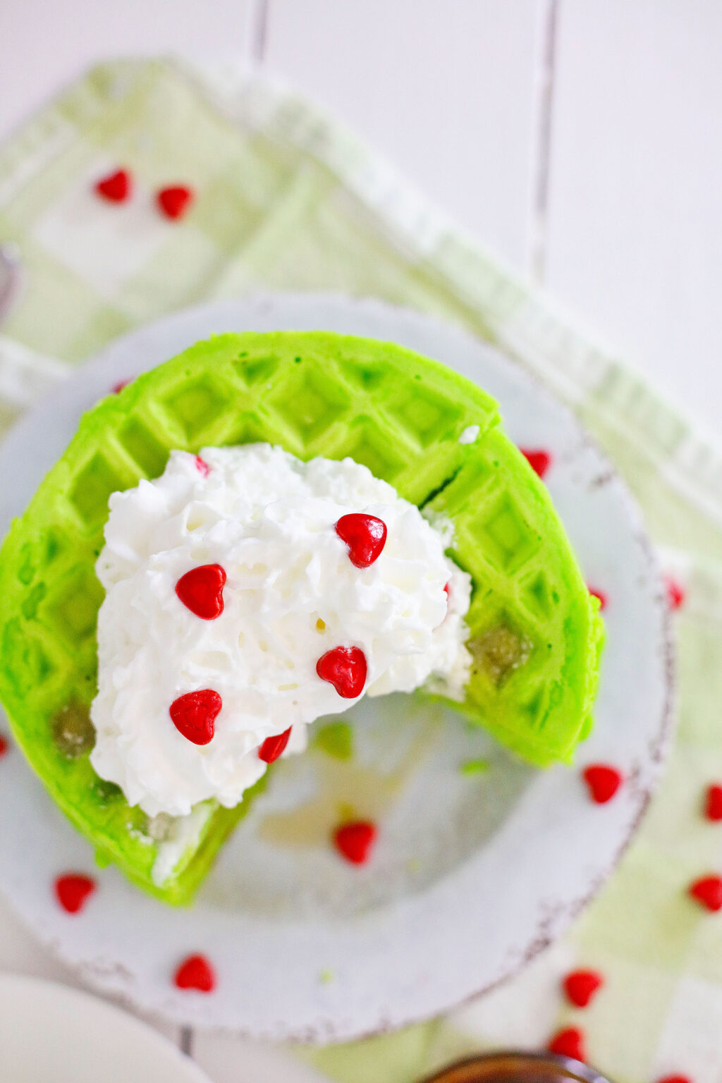 grinch waffles on a white plate