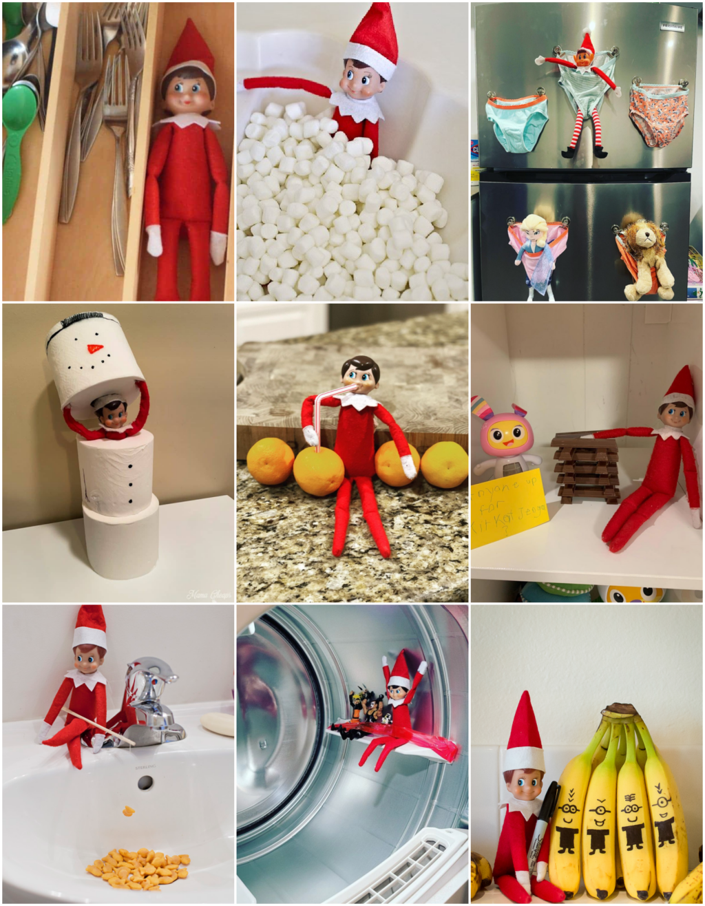 collage of quick and easy elf on the shelf ideas