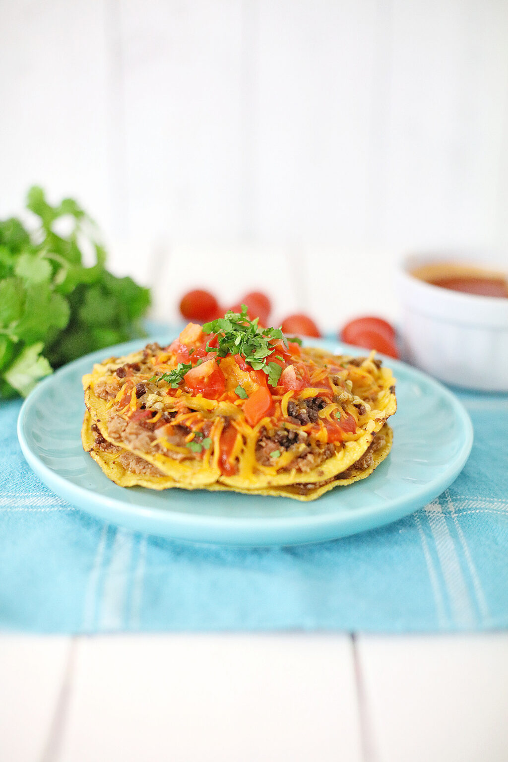 copycat taco bell Mexican pizza on a blue plate