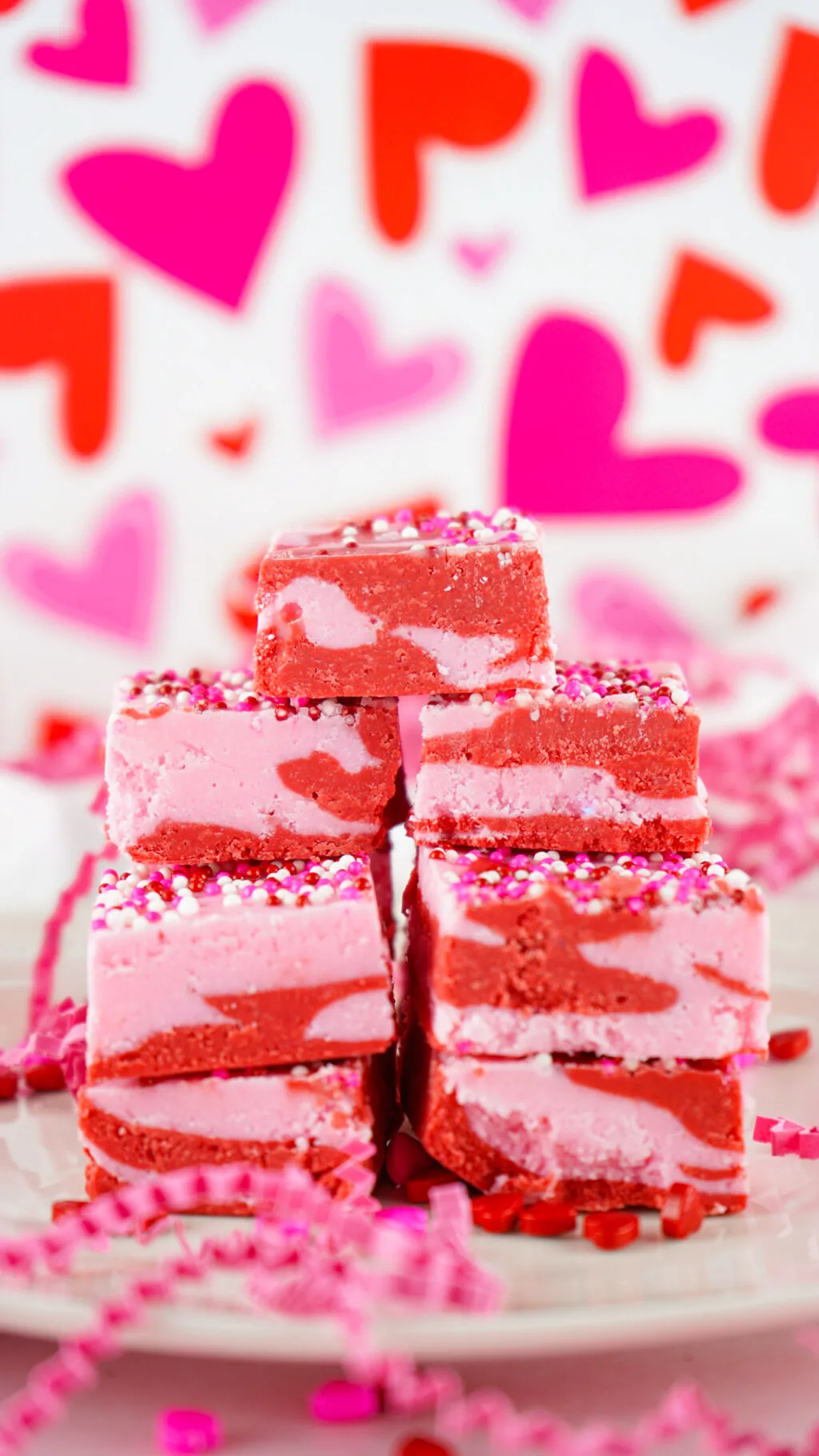 valentine fudge stacked in a pyramid shape on a plate