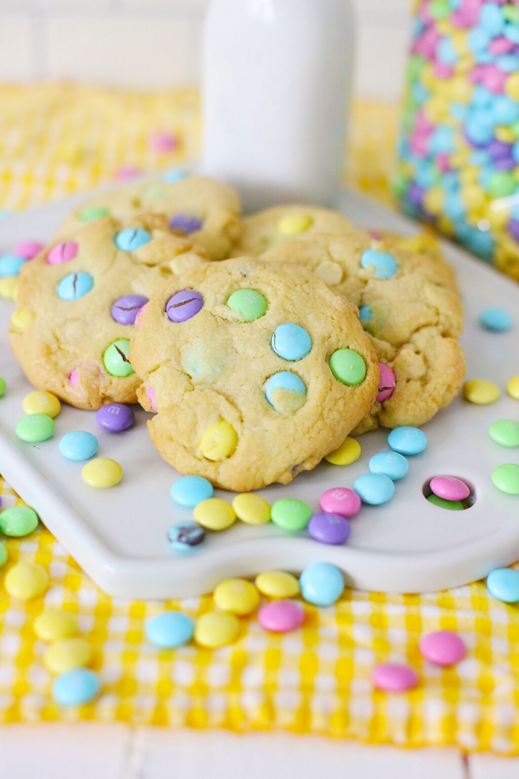Easter M&M cookies on a white plate