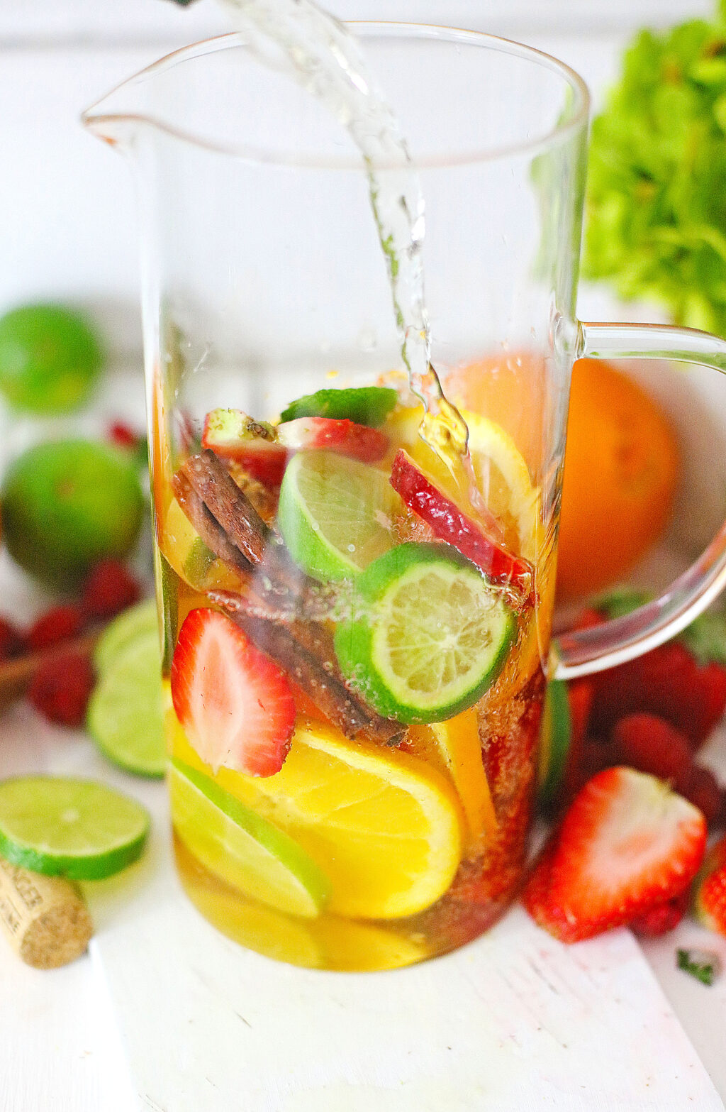white sangria recipe in large glass pitcher