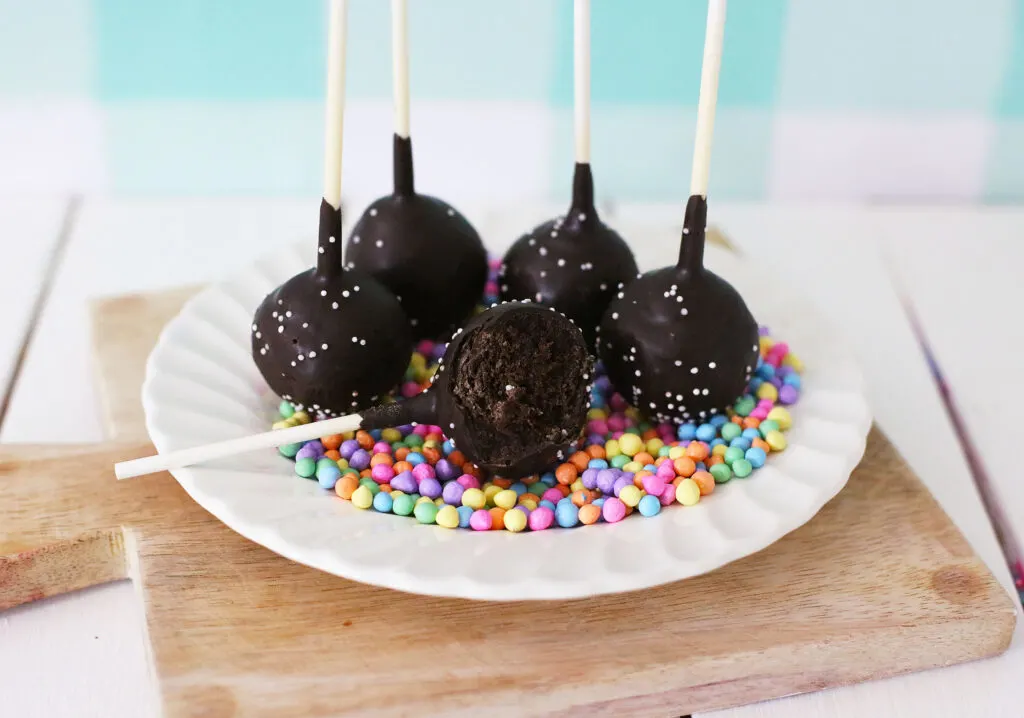 starbucks chocolate cake pops on a white plate