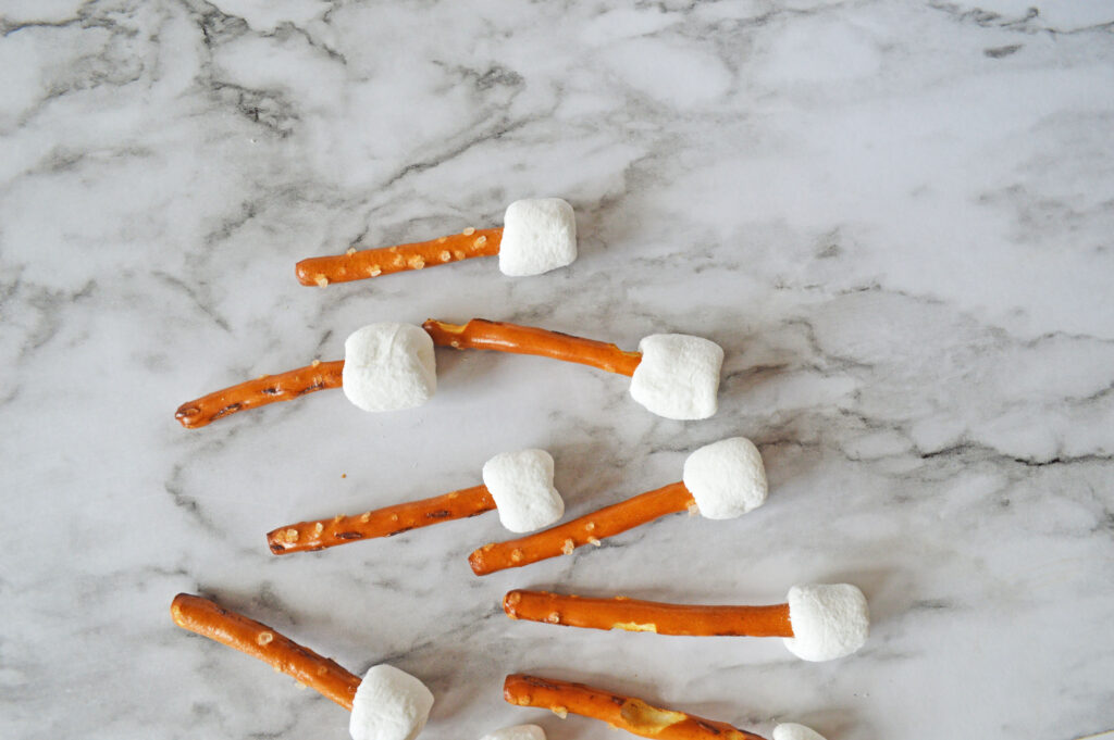 pretzels with mini marshmallows on the end