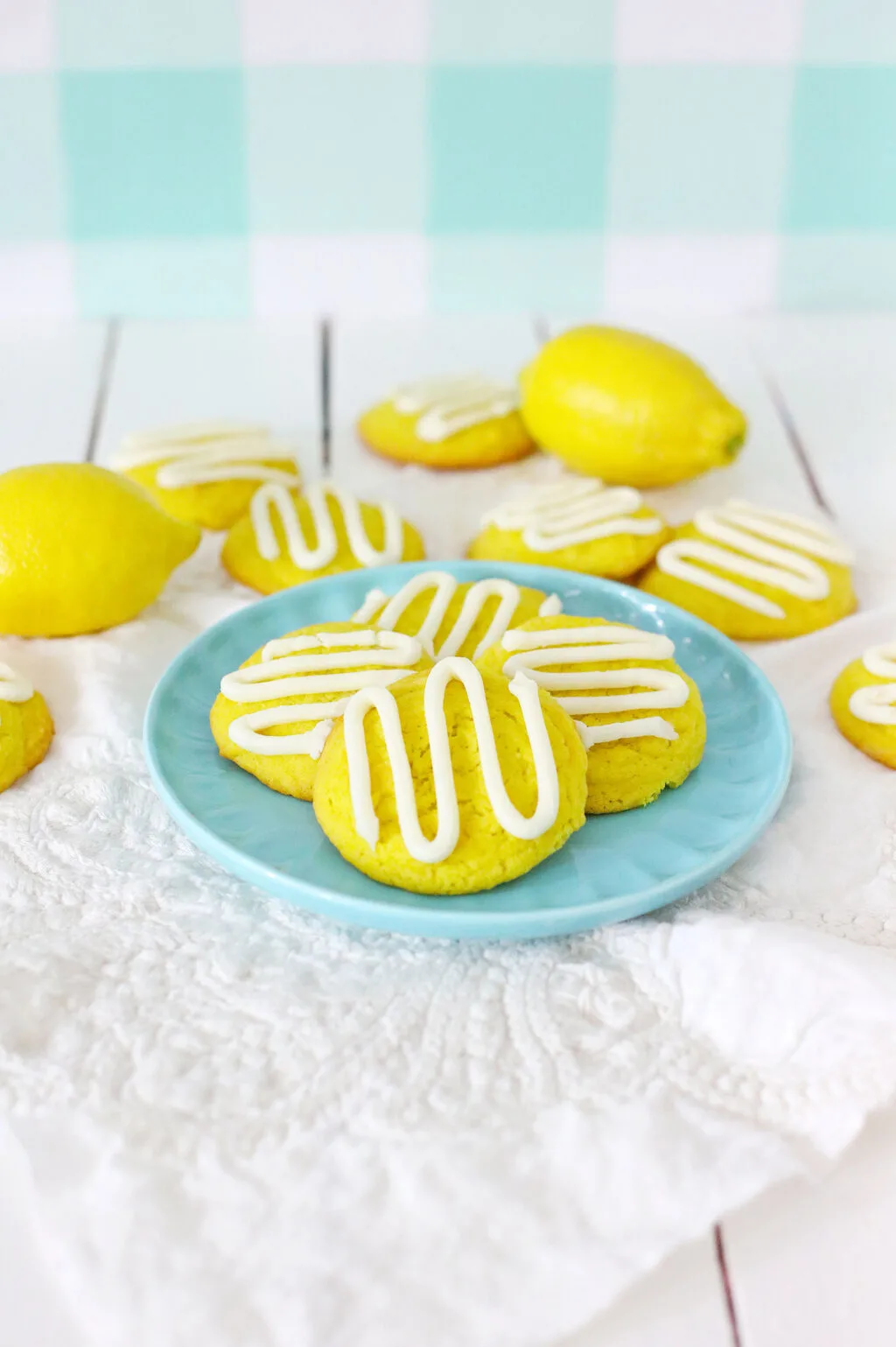 lemon cream cheese cookies on a blue plate
