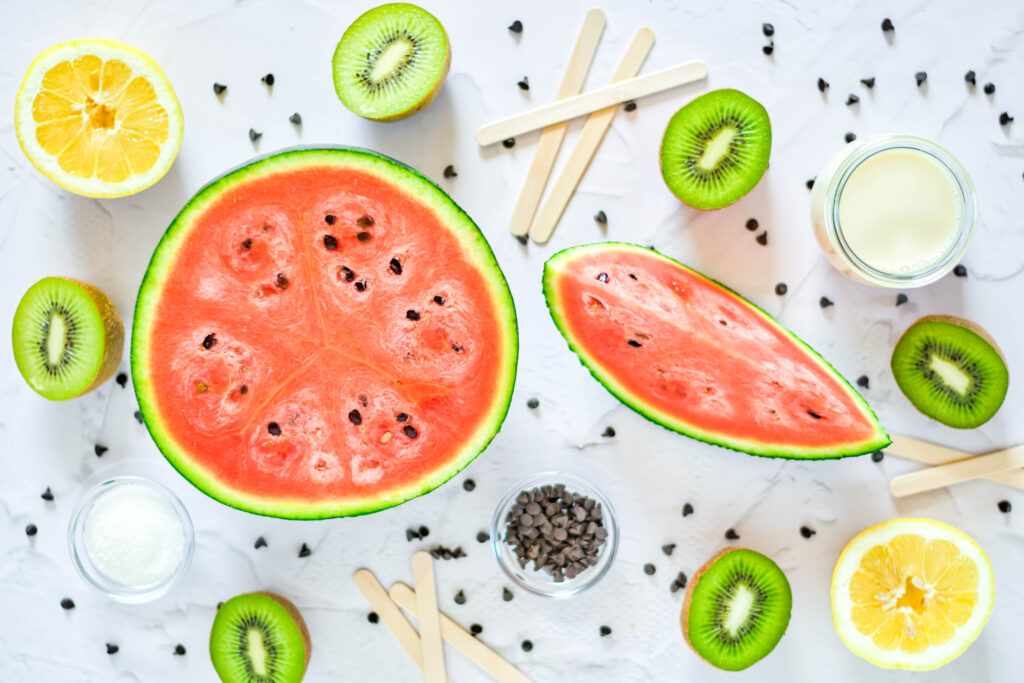 homemade watermelon popsicle ingredients on table