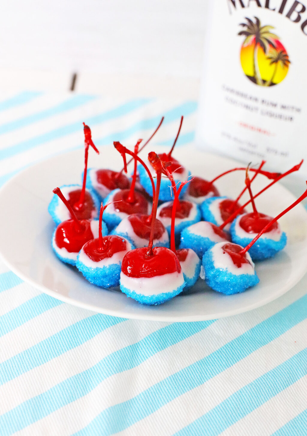 boozy patriotic cherry bombs on a white plate
