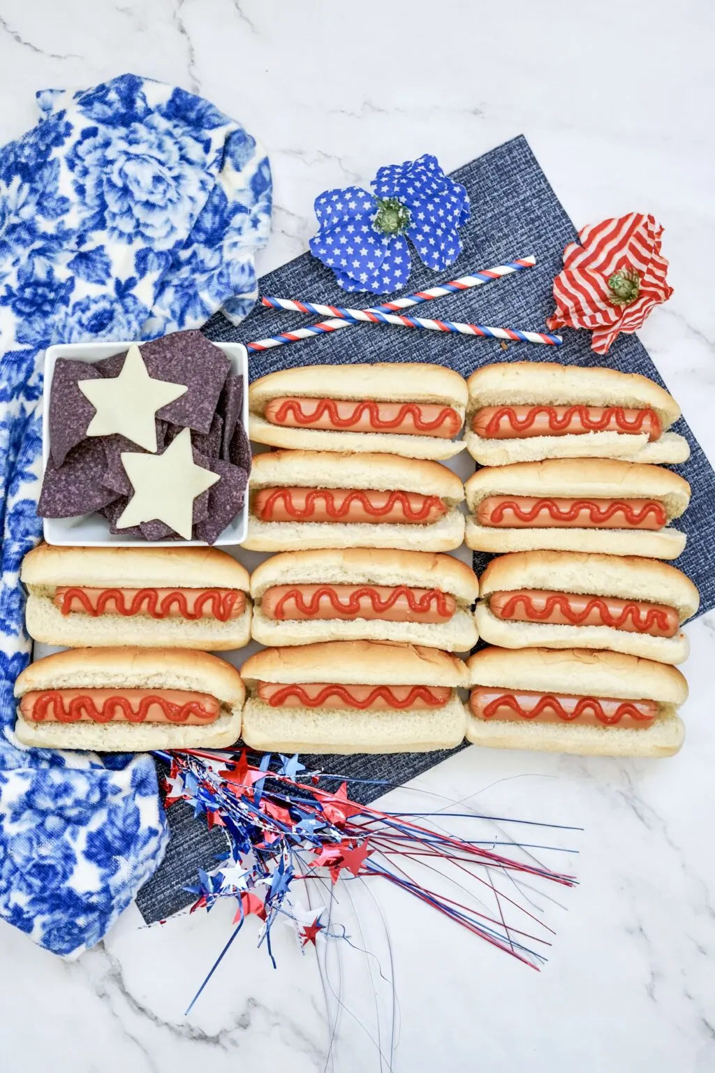 hot dog charcuterie board in the same of an american flag