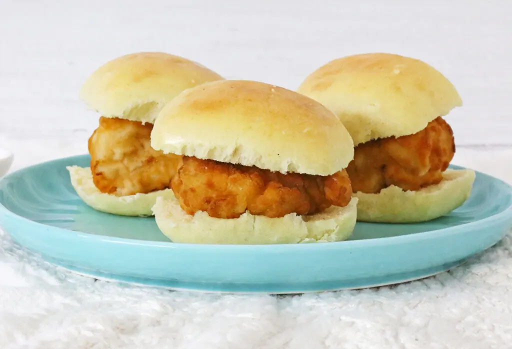 three Copycat Chick-Fil-A Chicken Minis on blue plate
