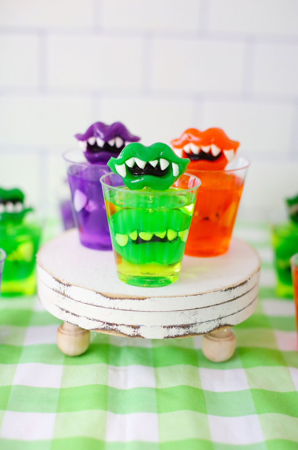 monster teeth jello shots on cake stand