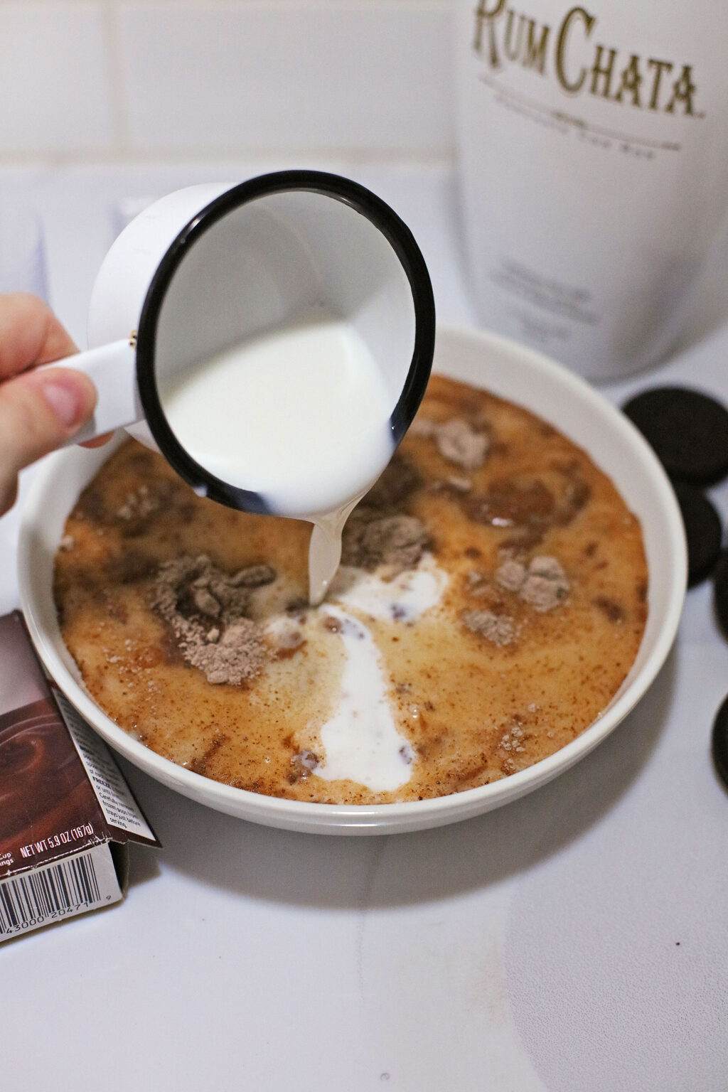 making pudding in large white bowl