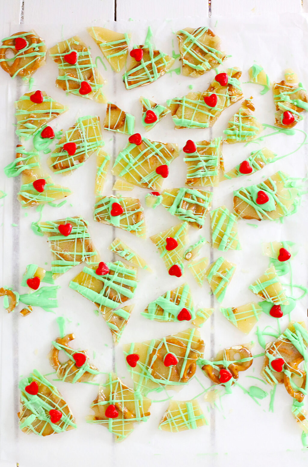 grinch brittle pieces on a white table