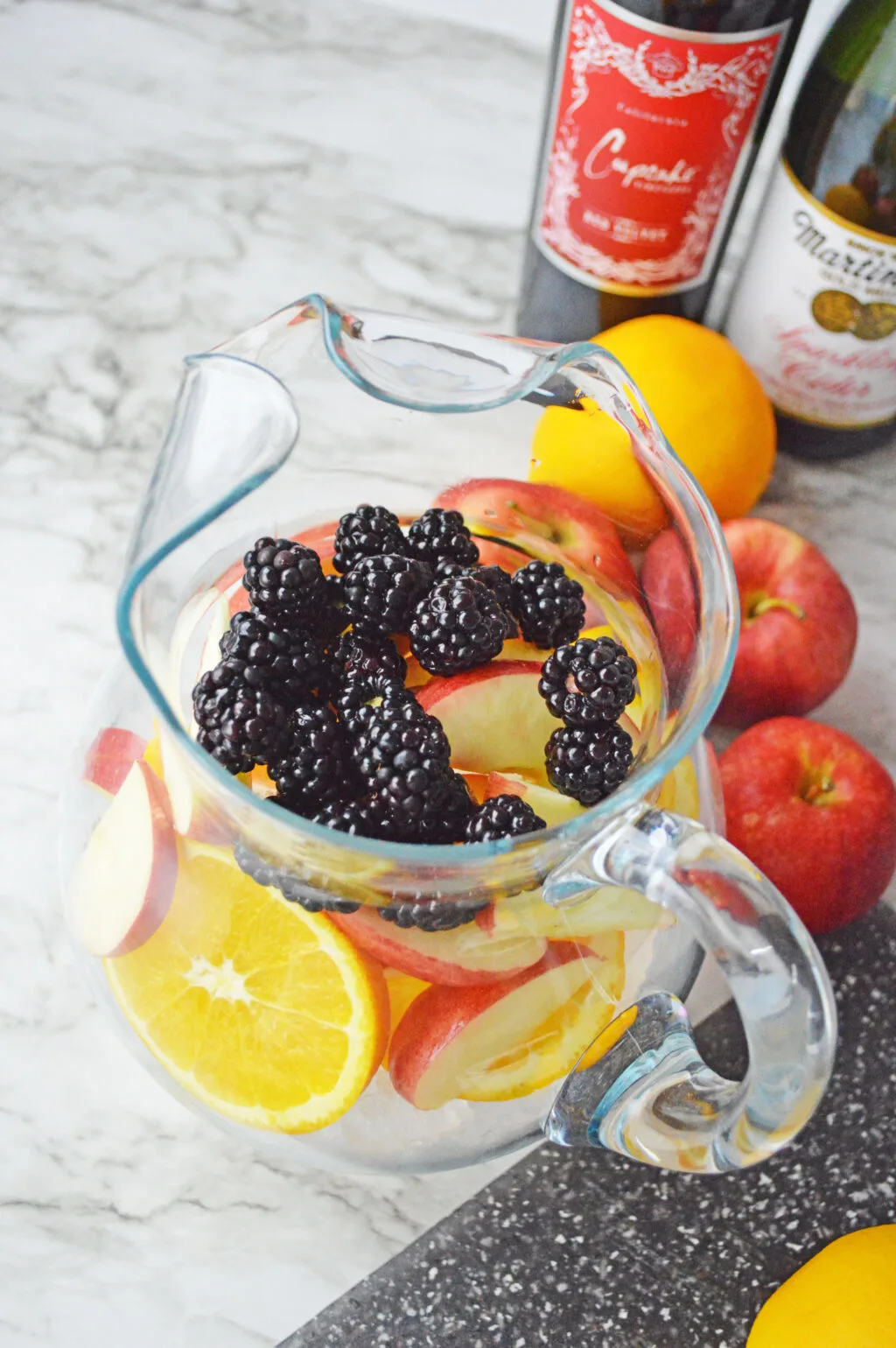 fruit for sangria in pitcher