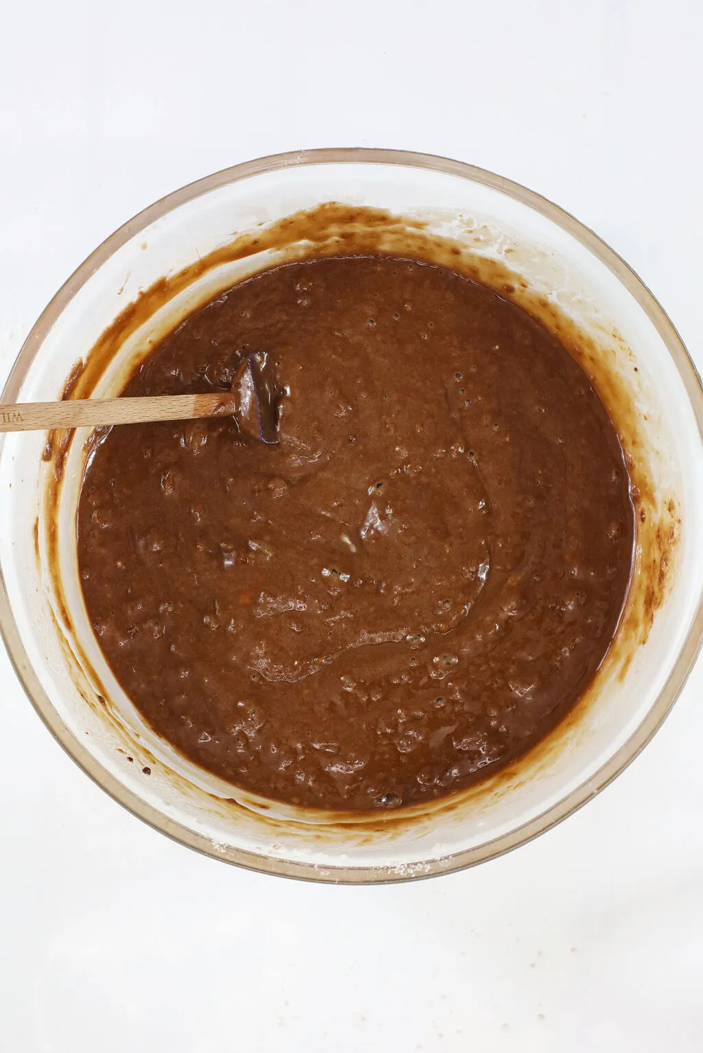 chocolate cake mix in large glass bowl