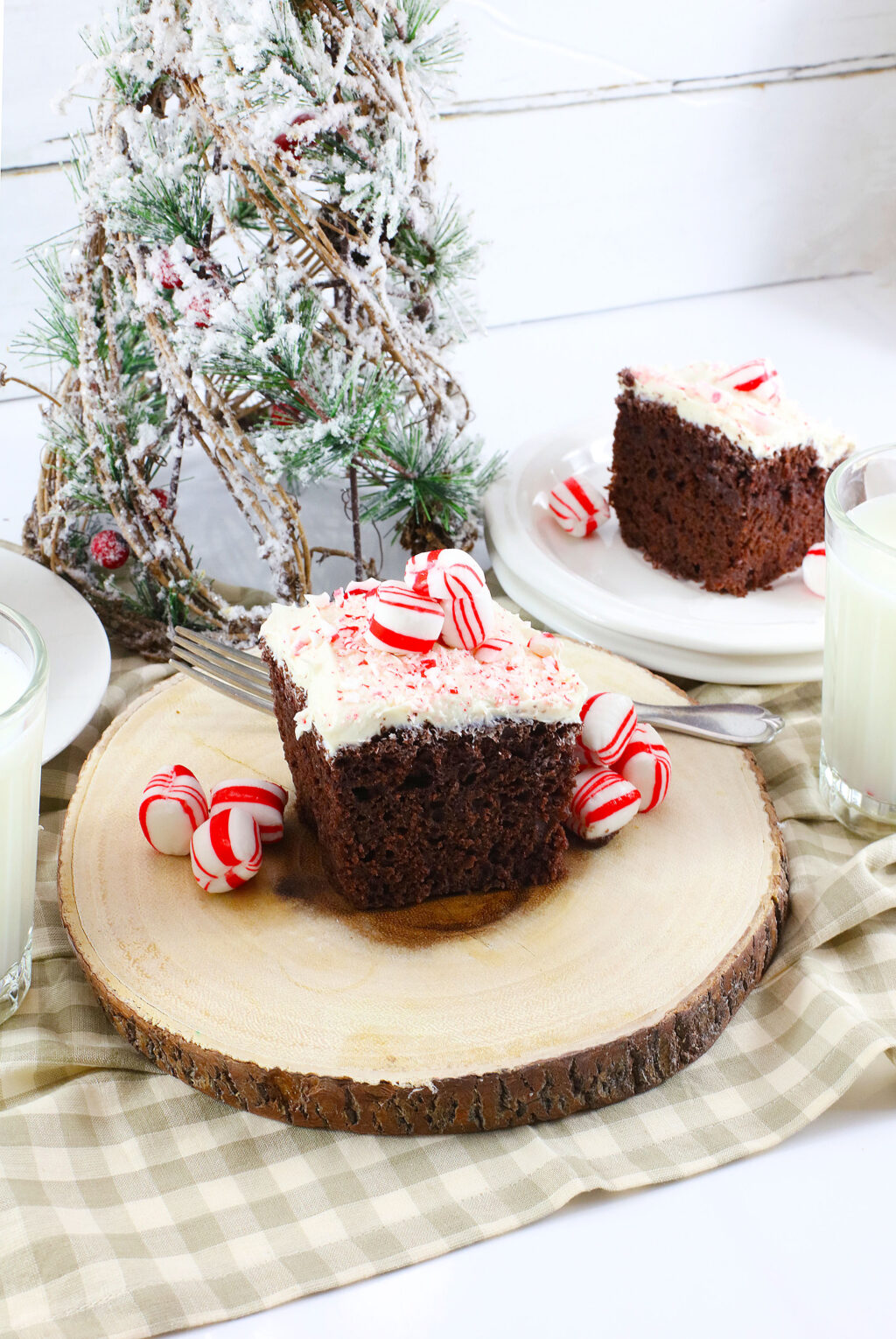 slice of peppermint snack cake on wooden tray