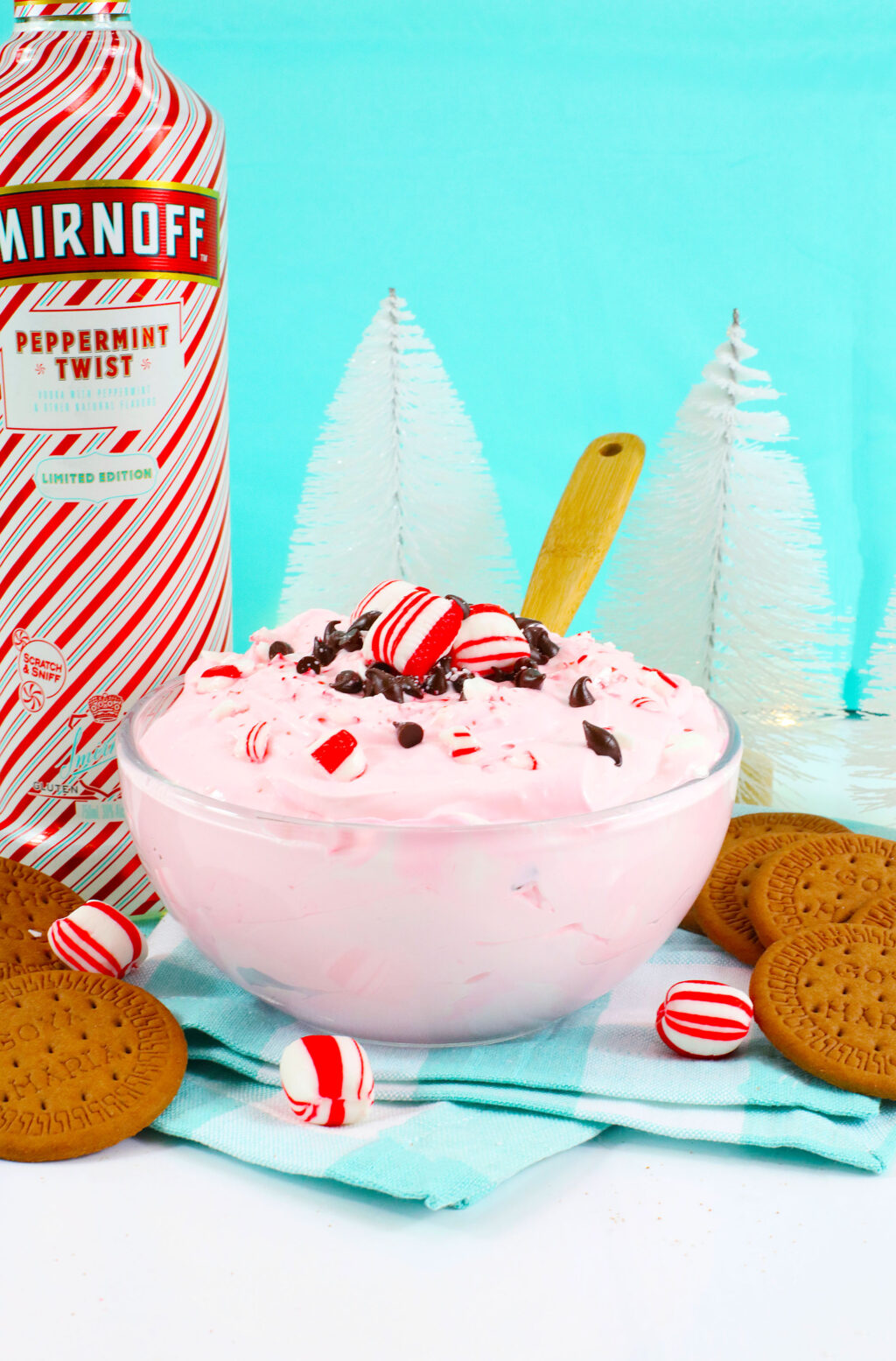 bowl of boozy peppermint dip in glass bowl