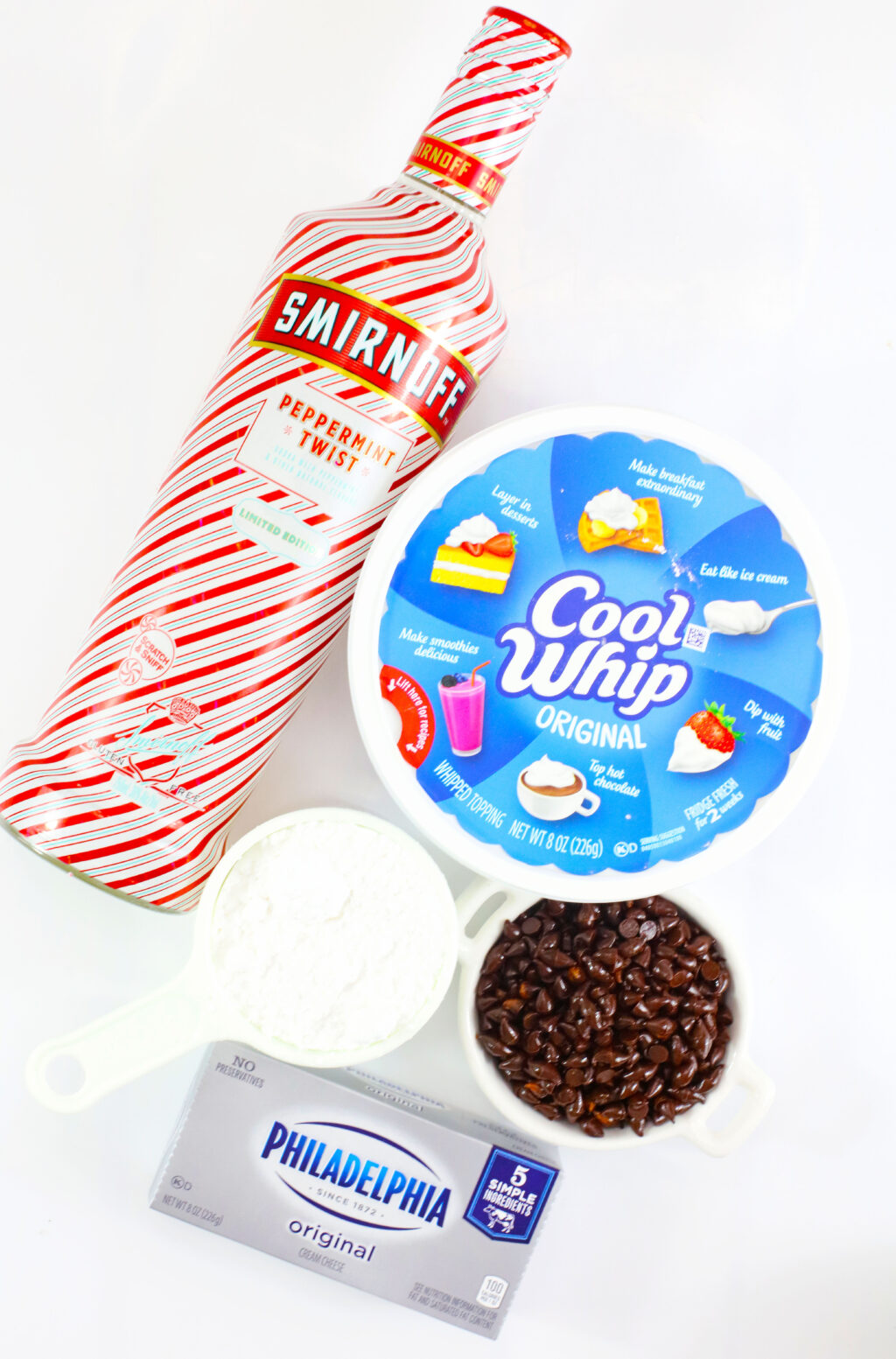 boozy peppermint dip ingredients on white table