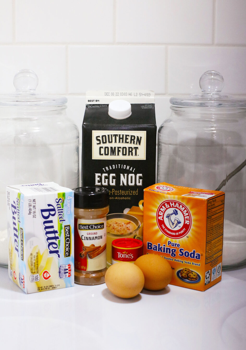 eggnog cookies ingredients on white table