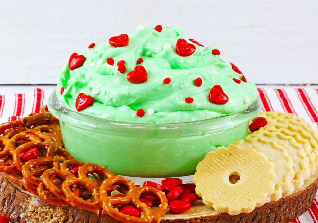 up close picture of grinch dip on table