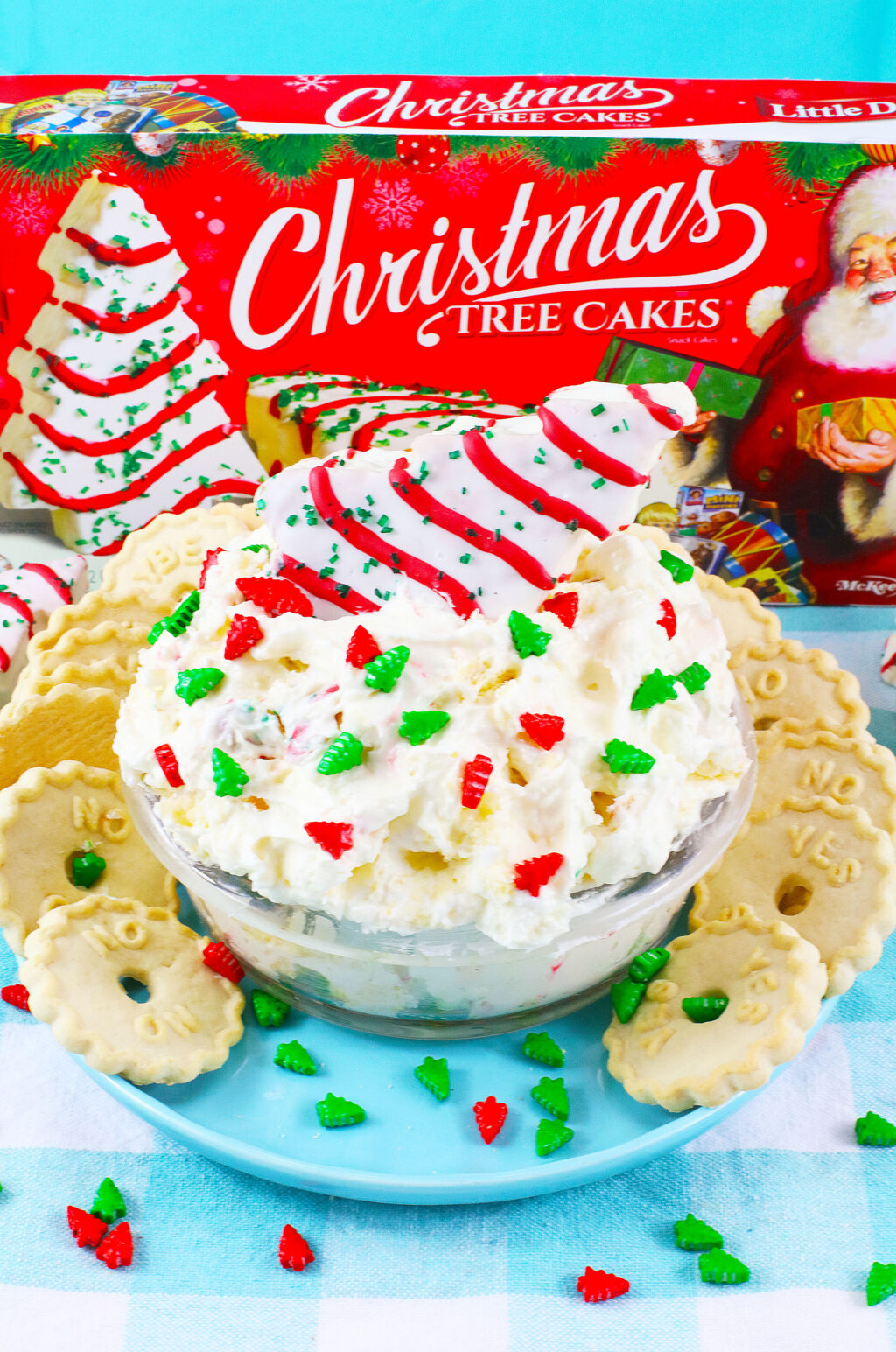 little debbie christmas tree dip in a clear serving bowl